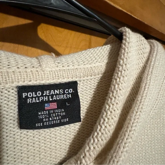 Vintage Polo Jeans Co. Ralph Lauren Sweater Hoodie Logo Y2K Crop Cream - Picture 3 of 5